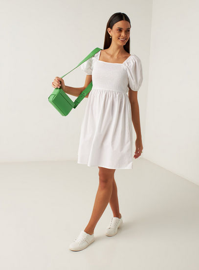 Solid Smoked Knee Length Dress with Square Neck and Short Sleeves