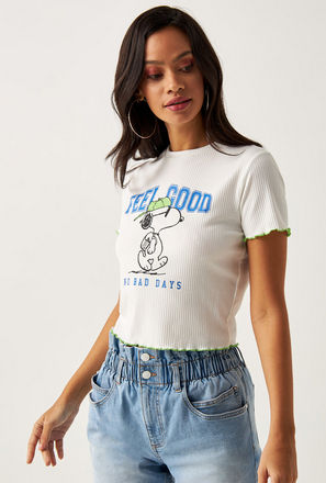 Snoopy Print T-shirt with Short Sleeves and Lettuce Hem