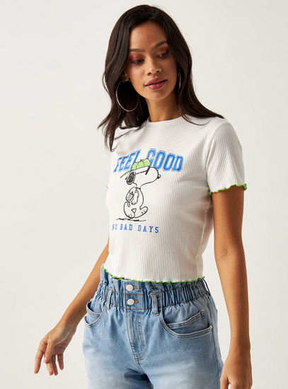 Snoopy Print T-shirt with Short Sleeves and Lettuce Hem