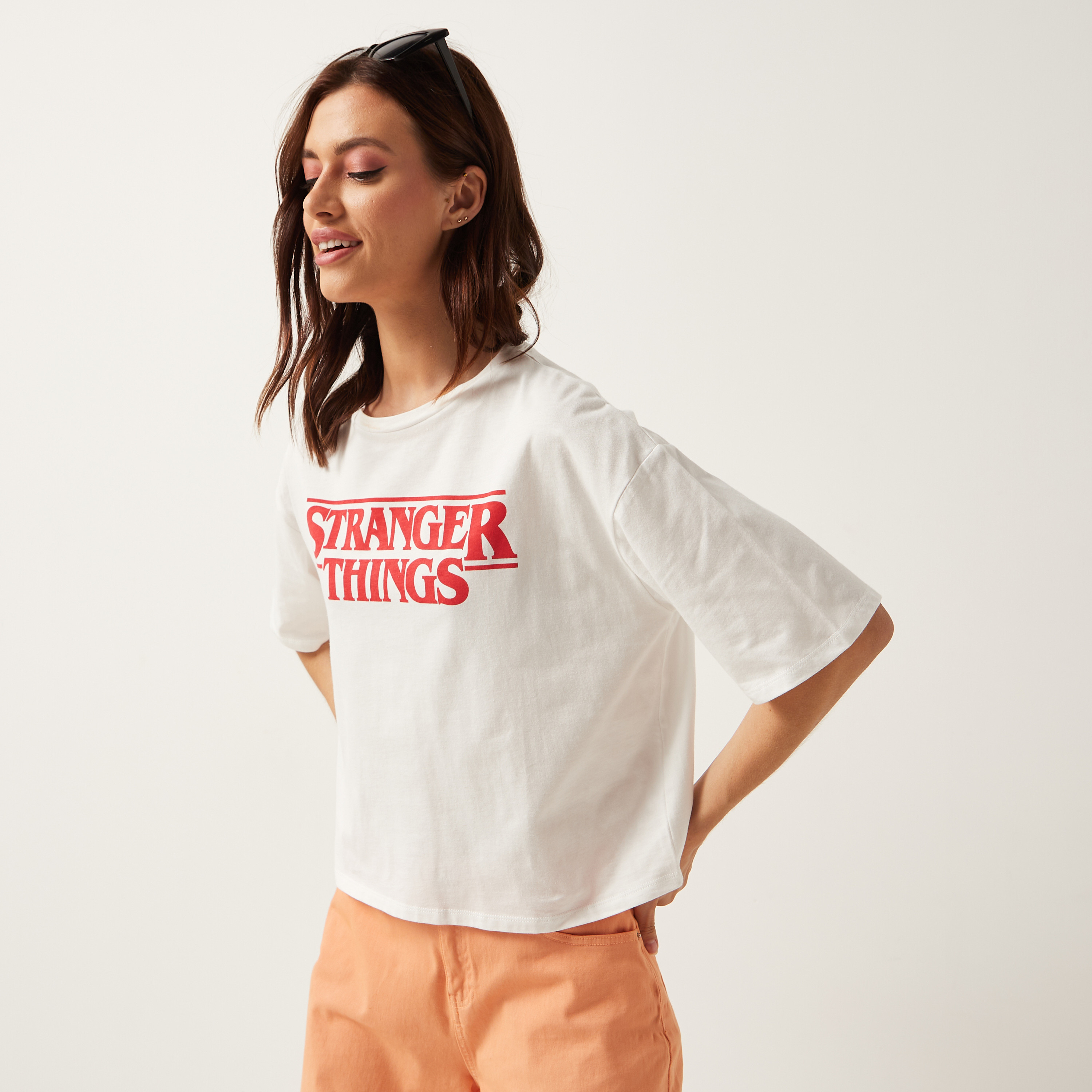 Shop Stranger Things Print T shirt with Round Neck and Short