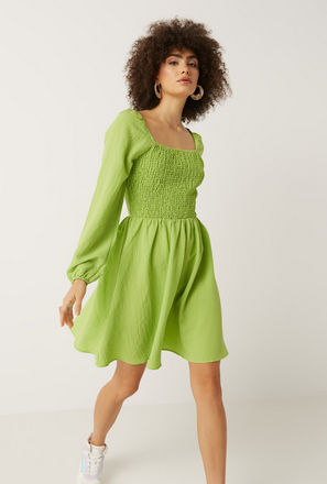 Textured Square Neck Dress with Shirred Detail and Long Sleeves