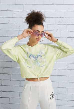 Butterfly Print Sweatshirt with Drawstring Detail and Long Sleeves