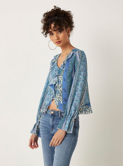 All Over Print Cropped Top with Long Sleeves and Ruffles