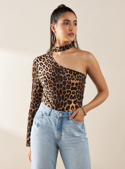 Animal Print One-Shoulder Top with Neck Strap and Button Closure