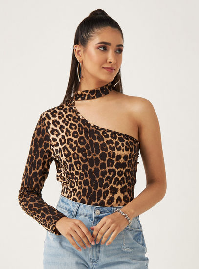 Animal Print One-Shoulder Top with Neck Strap and Button Closure