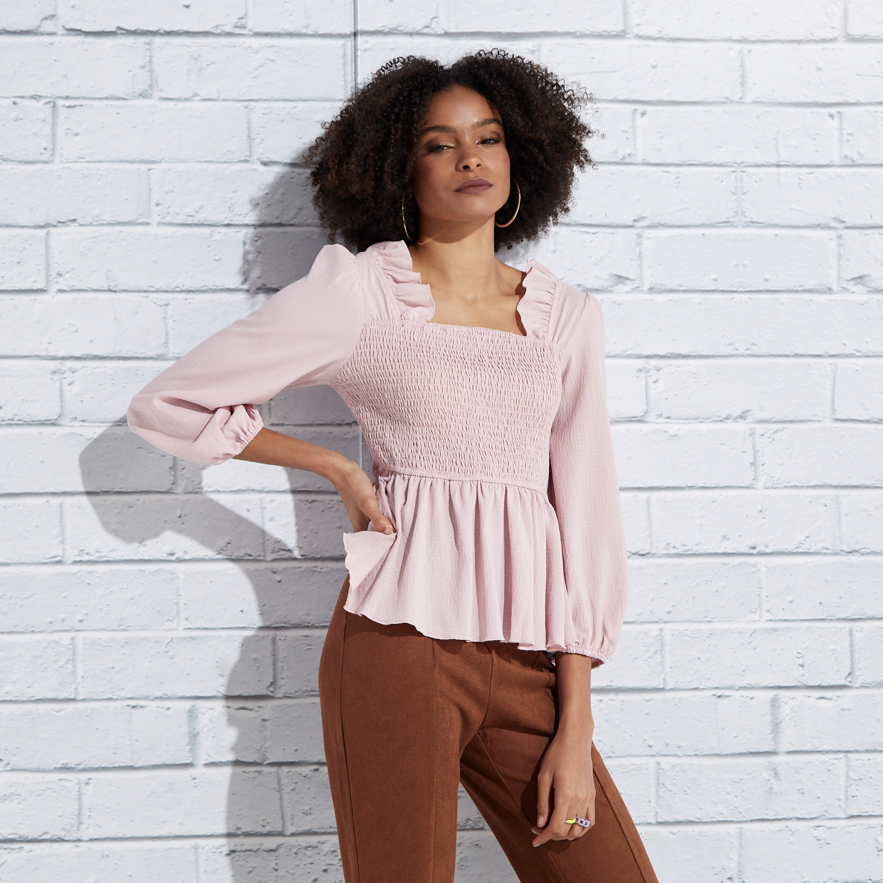 Shop Shirred Peplum Top with Ruffles and Long Puff Sleeves Online