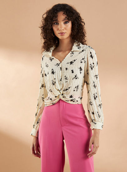 All-Over Floral Print Top with Twist Detail and Long Puff Sleeves