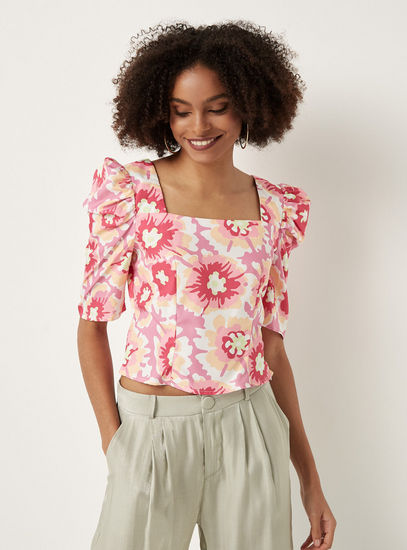 All-Over Floral Print Crop Top with Square Neck and Puff Sleeves