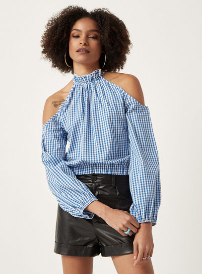 Checked Cold Shoulder Crop Top with Ruffled Collar