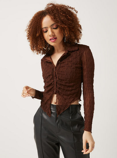 Textured Crop Top with Long Sleeves and Button Closure