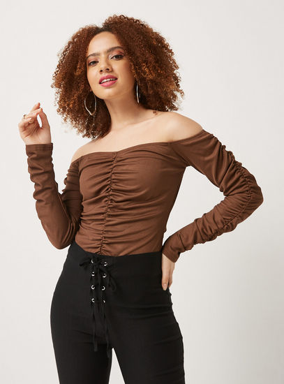 Ruched Detail Off Shoulder Top with Long Sleeves