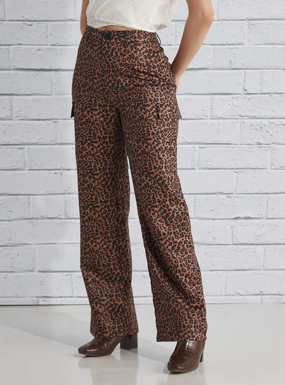 All Over Animal Print Pants with Button Closure and Flap Pockets-Pants-image-0