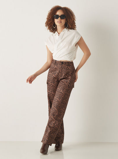 All Over Animal Print Pants with Button Closure and Flap Pockets