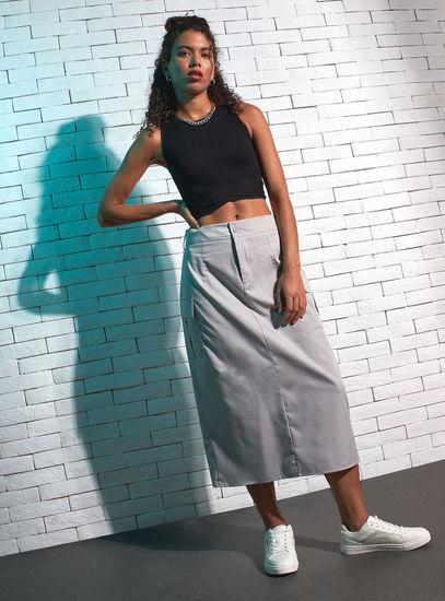 Solid Midi Skirt with Pockets and Button Closure-Midi-image-1