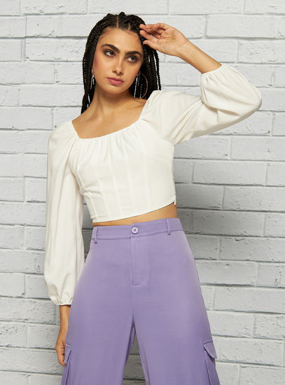 Solid Long Sleeves Crop Top with Square Neck