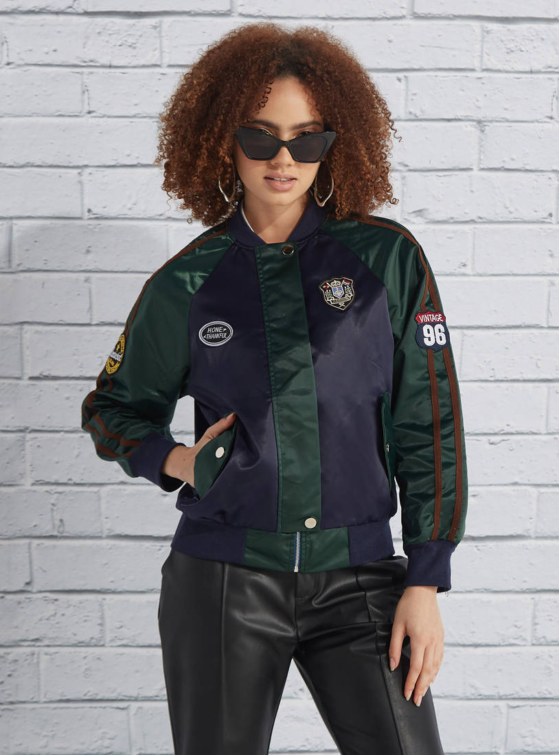 Patchwork Colourblock Jacket with Pockets and Button Closure-Jackets-image-0