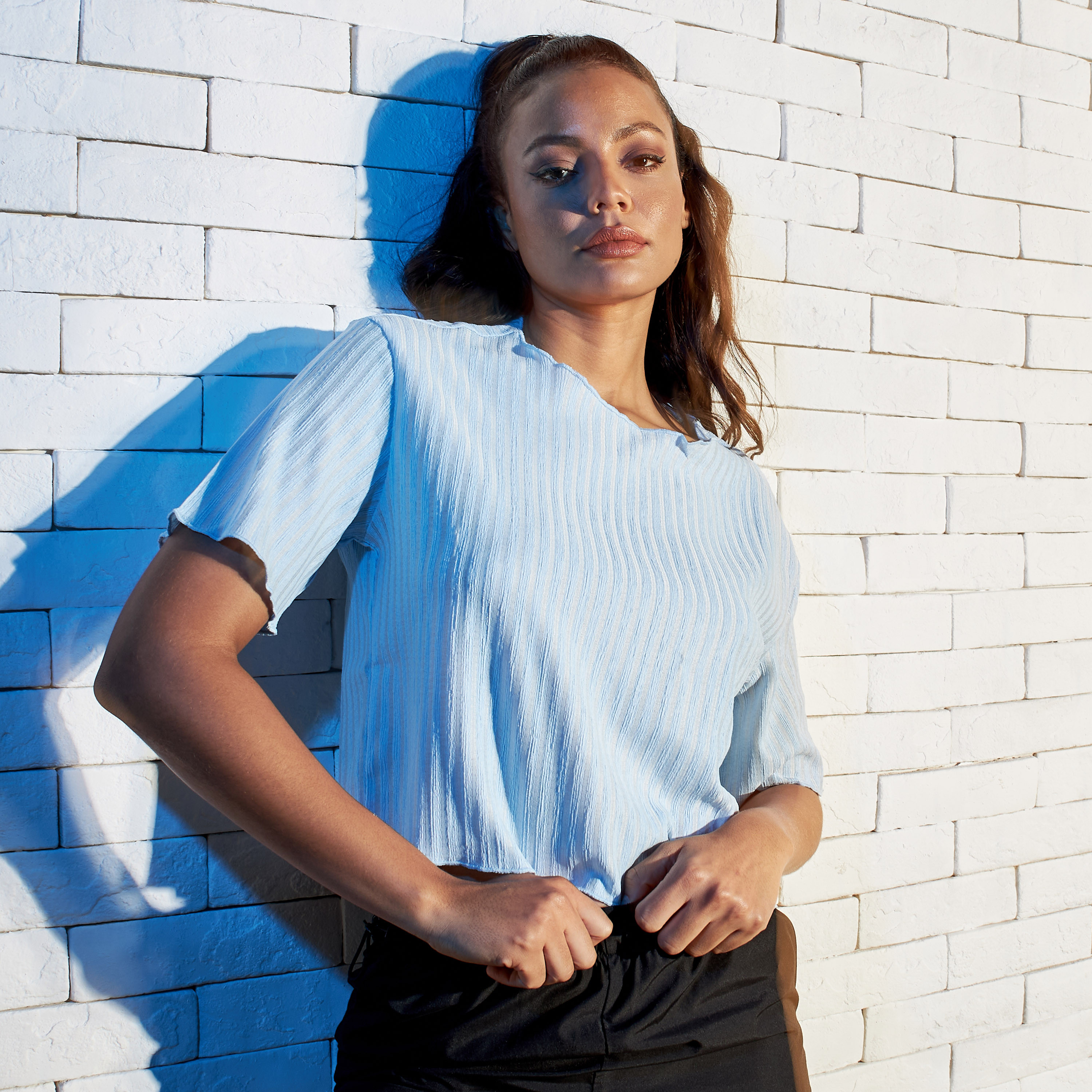 Shop Ribbed Top with Round Neck and Short Sleeves Online | Max Qatar