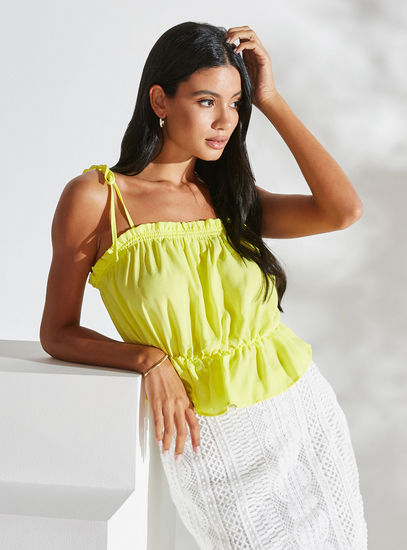 Solid Sleeveless Crop Top with Ruffles and Tie-Ups