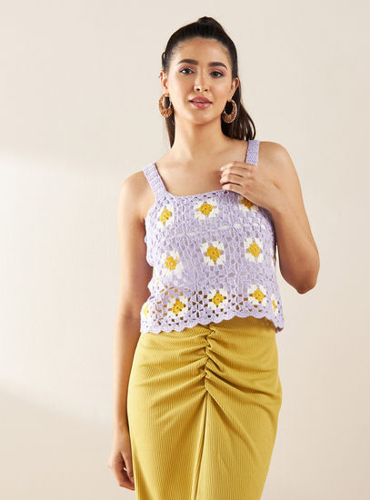 Floral Knitted Top with Shoulder Straps-Blouses-image-0