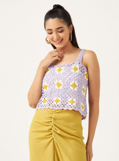 Floral Knitted Top with Shoulder Straps-Blouses-image-1