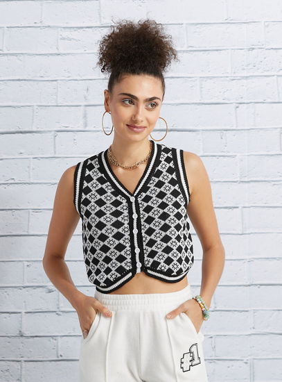 All Over Print Sleeveless Crop Top with Button Closure