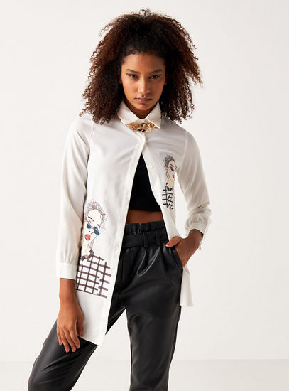 Graphic Print Shirt with Asymmetrical Hem and Spread Collar