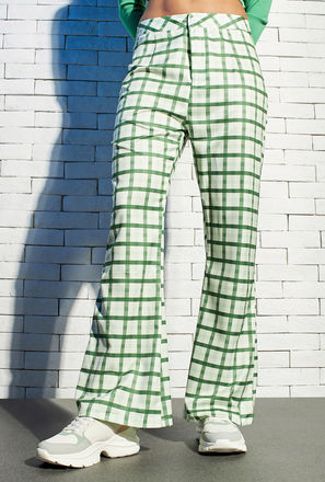 Checked Mid-Rise Flared Pants with Button Closure