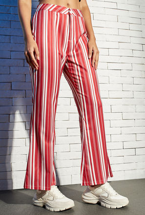 Striped Mid-Rise Flared Pants with Button Closure