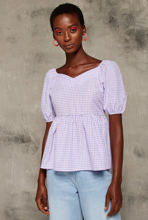 Checked Peplum Top with Sweetheart Neck and Short Sleeves