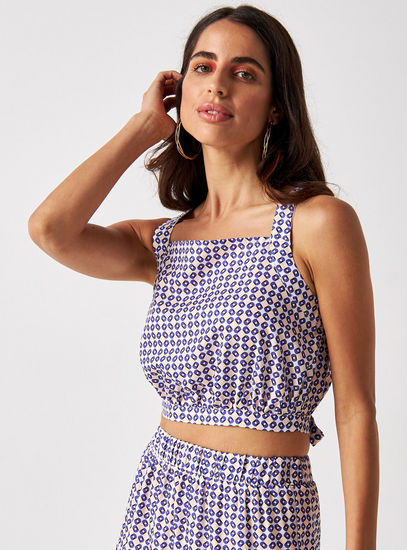 Printed Sleeveless Crop Top with Square Neck and Tie-Up Detail