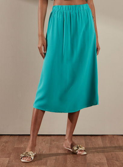 Plain A-line Skirt with Elasticated Waistband-Midi-image-0