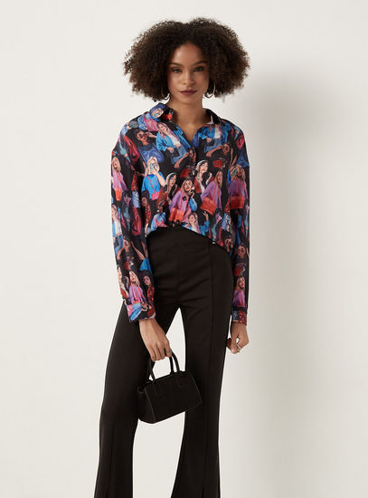 All Over Print Shirt with Spread Collar and Long Sleeves