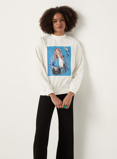 Graphic Print Crew Neck Sweatshirt with Long Sleeves-Hoodies & Sweatshirts-image-1