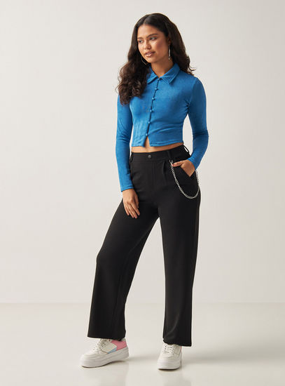 Textured Crop Shirt with Long Sleeves and Button Closure