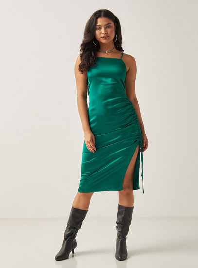 Ruched Satin Slip Dress with Slit Detail-Midi-image-0