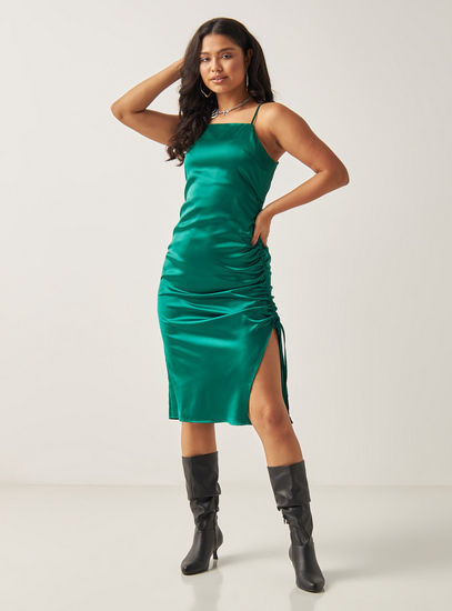 Ruched Satin Slip Dress with Slit Detail-Midi-image-1