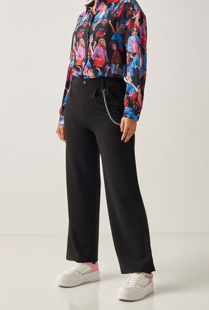 Solid High-Rise Wide Leg Pants with Chain Accent and Button Closure