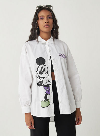 Mickey Mouse Print Shirt with Collar and Long Sleeves