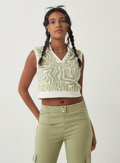 Printed Sleeveless Crop Top with Collar-Blouses-image-0
