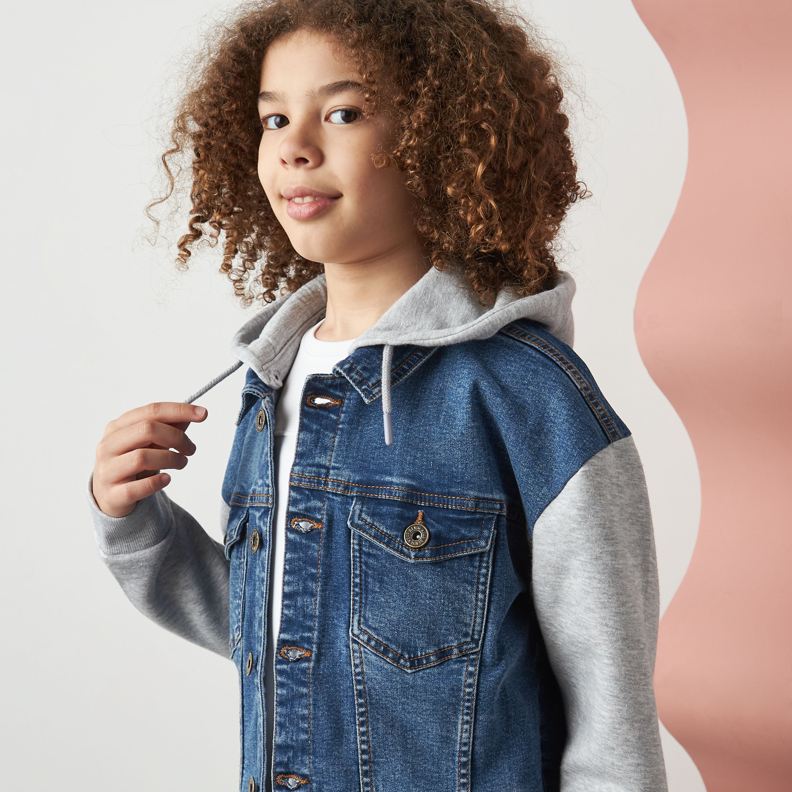 Denim jacket with knit sleeves and hood hotsell