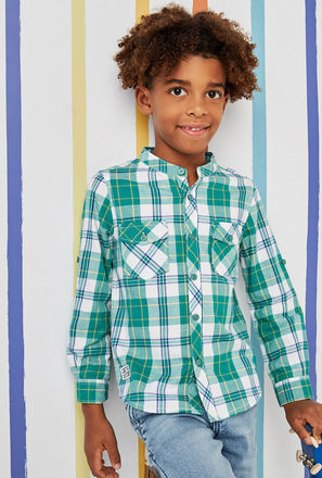 Checked Mandarin Collar Shirt with Back Print and Pockets-mxkids-boystwotoeightyrs-clothing-teesandshirts-shirts-3