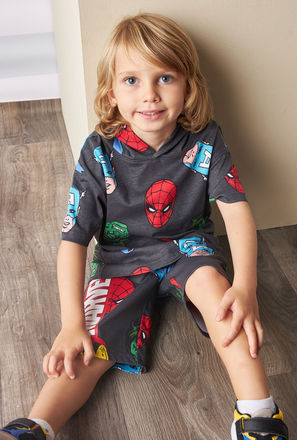 Marvel Print Hooded Cotton T-shirt and Shorts Set-mxkids-boystwotoeightyrs-clothing-character-setsandoutfits-2