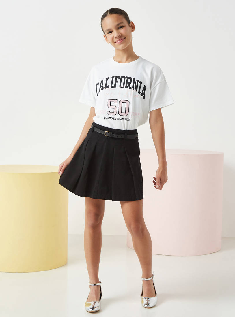 Cotton Pleated Mini Skirt with Belt-Clothing-image-1