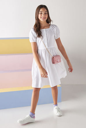 Plain A-line Dress with Square Neck-mxkids-girlseighttosixteenyrs-clothing-dresses-casualdresses-2