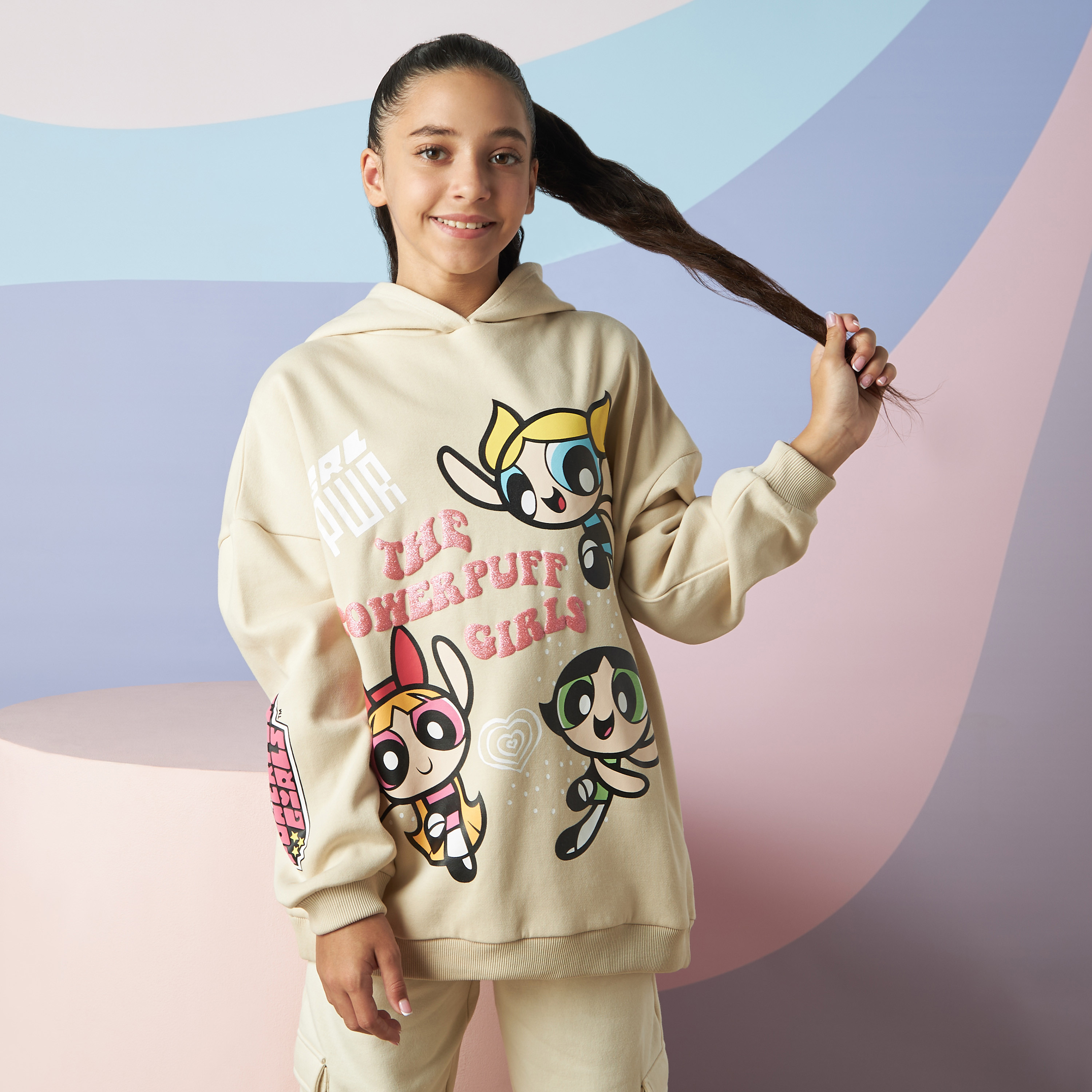 Shop Powerpuff Girls Print Oversized Hooded Sweatshirt Online 