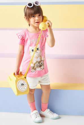 Cat Glitter Print T-shirt with Frill Detail-mxkids-girlstwotoeightyrs-clothing-tops-tshirts-1