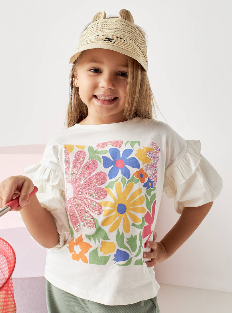 Sequin Embellished Floral Print T-shirt with Ruffle Detail-T-shirts-image-0