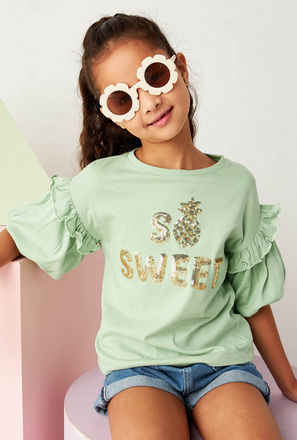 Sequin Embellished Slogan T-shirt with Ruffle Detail-mxkids-girlstwotoeightyrs-clothing-tops-tshirts-3