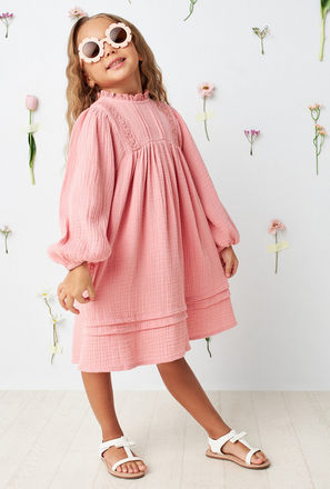 Textured Cotton Knee Length Tunic Dress with Lace Detail-mxkids-girlstwotoeightyrs-clothing-dresses-casualdresses-2