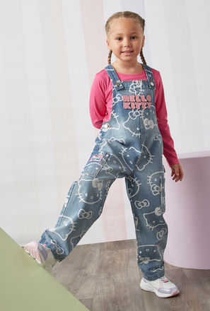 All-Over Hello Kitty Print Denim Dungarees-mxkids-girlstwotoeightyrs-clothing-bottoms-dungarees-0